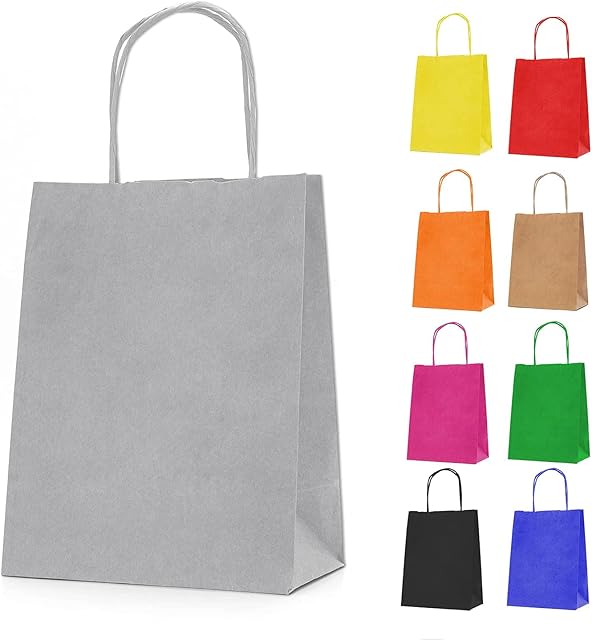 MERRIMEN 30 Kraft Paper Bags for Gifts, Food & Sweets | Strong Sustainable Carrier Bags with Twisted Handles | Ideal Goody Bag for Kid Parties, Christmas, Wedding, Hen Do  18 X 22 X 8cm (Silver)