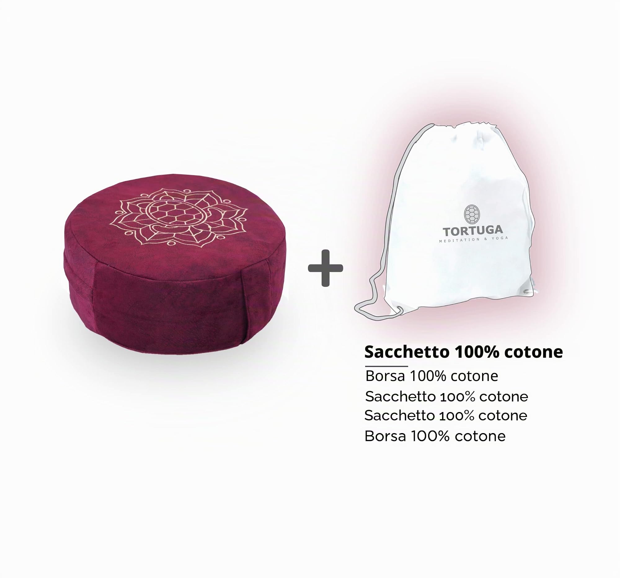 TORTUGA Meditation&Yoga - Cuscino Zafu imbottito in grano saraceno sostenibile - Design con corda - Altezza 15 cm - Fodera in cotone 100% naturale, facile da lavare, meditazione/yoga