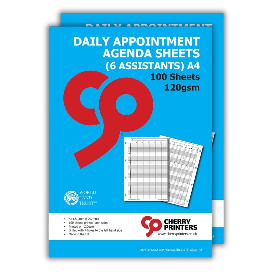 Cherry Printers | Daily Appointment Agenda Sheets | A4 6 Column | 2 Pack