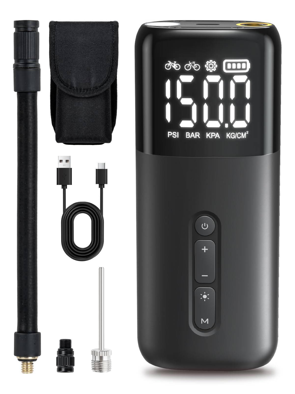 GPUTEK Mini Electric Bike Pump: Fast Inflation Portable Bicycle Pump for Presta and Schrader Valve, 150 Psi High Pressure Tire Inflator with Digital Gauge for Road Bike, Mountain Bike, E-Bike