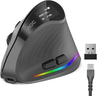 AOC Ergonomic Mouse, 2.4GHz Wireless Bluetooth Vertical Mouse, Rechargeable | 4800 DPI, Right Hand, Quiet Clicks, RGB Light, 6 Programmable Buttons, LED Battery Display, Suitable for PC/Laptop/Mac, Gray
