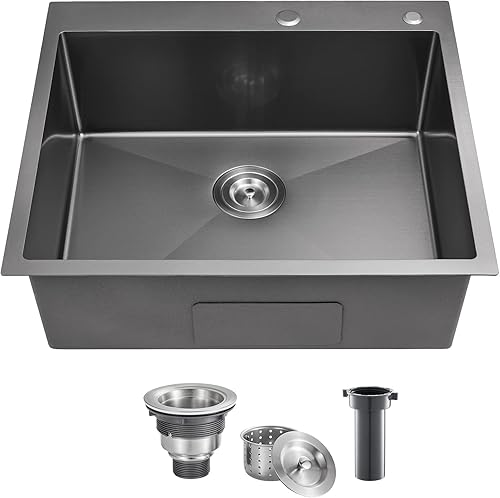 POPFLY Fregadero de cocina negro con caída de 25 x 22 pulgadas, montaje superior de 25 pulgadas, fregadero de acero inoxidable para uso al aire