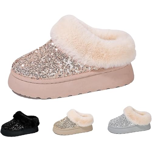 Women's Platform Flat Boots Glitter Sequin Fuzzy Slippers Warm Winter Snow Boots Indoor And Outdoor Comfy Warm