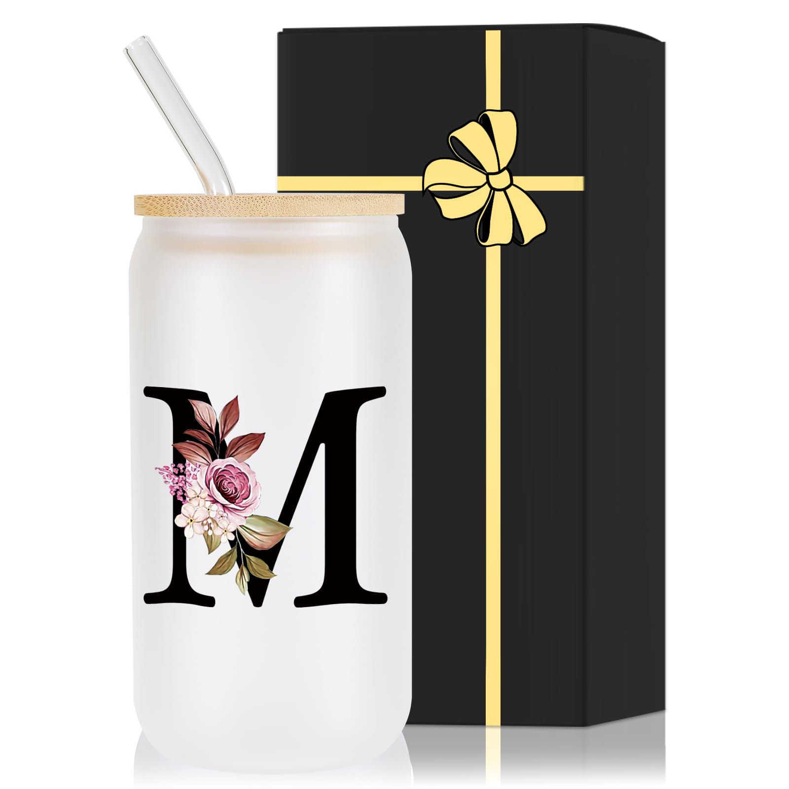Monogrammed Glass Drinking Cup With Lid Straw Women Wife Ideal from Husband Happy Birthday Wedding Romantic Best Cool Personalized Unique Special Cute Custom Valentines Christmas Xmas Present Gifts,M
