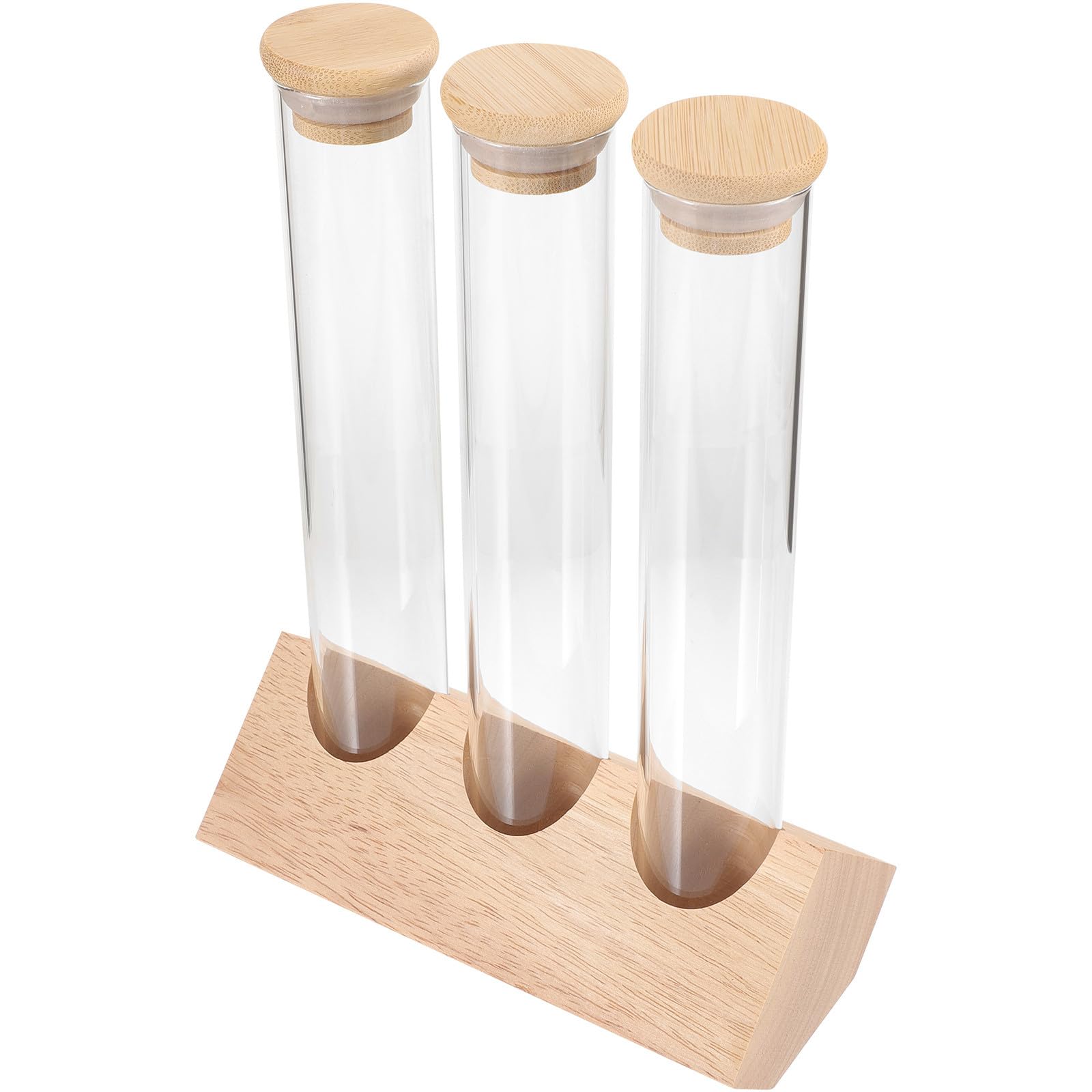 Homoyoyo Expositor para Granos de Café Soporte de Madera, Set de 3 Tubos de Ensayo de Vidrio Transparente Tapón, Contenedores Sellados Multifuncionales para Conservar Café, Té y Especias