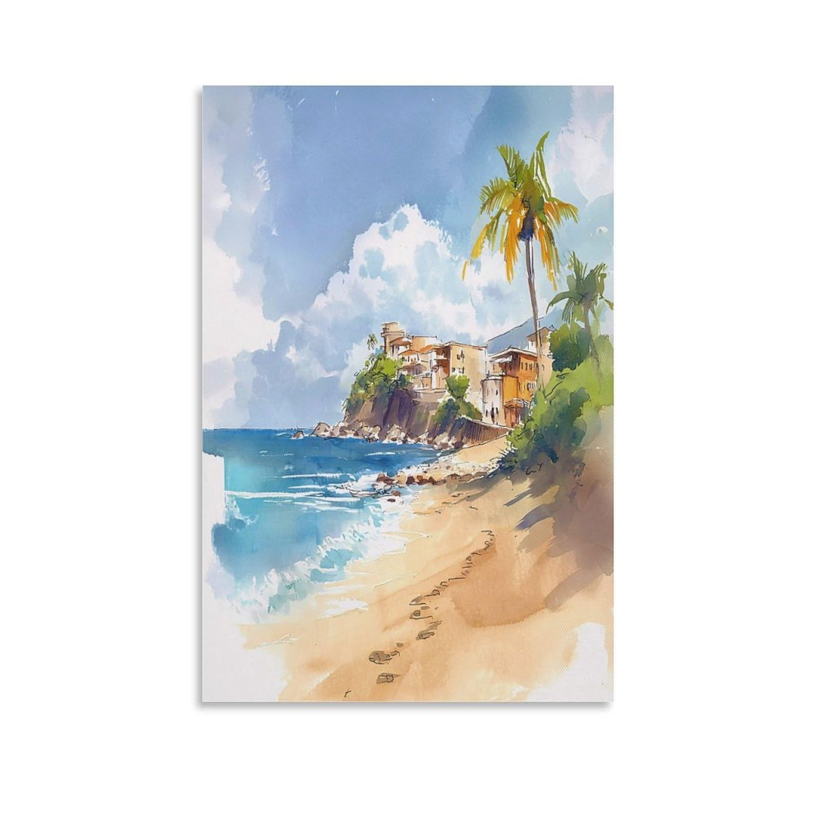 XWYMXZ Playa Del Carmen 20x30inch(50x75cm) Vintage Travel Poster Watercolor Canvas Art