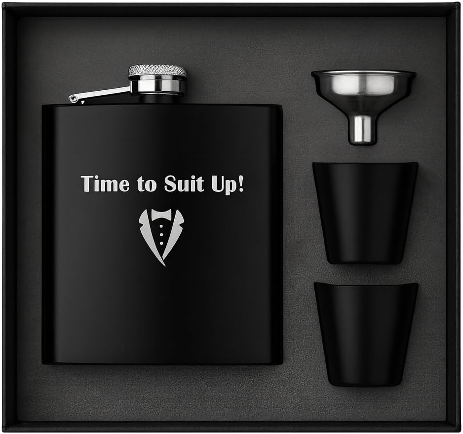 Groomsmen Proposal Gift, Will You Be My Groomsman, Wedding Party, Father of the Bride Flask, Officiant Present, Engraved Hip Flask Set, Best Man Gifts from Groom, Time to Suit Up!