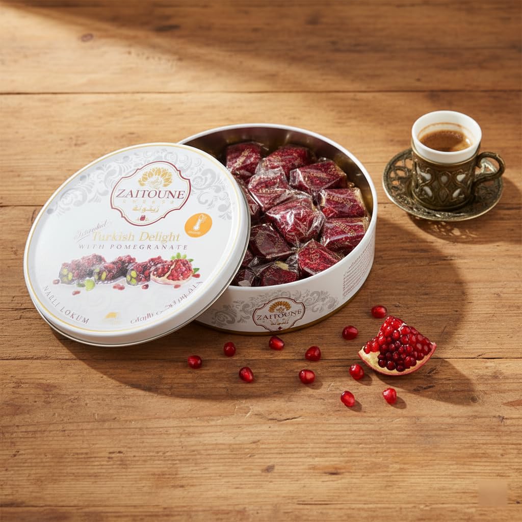 Zaitoune Pomegranate Covered Turkish Delight - 9 oz | Stuffed with Pistachios & Cashews | Coated with Dried Pomegranate Seeds | Authentic Lokum Sweets in a Gift Tin | Handmade & Individually Wrapped