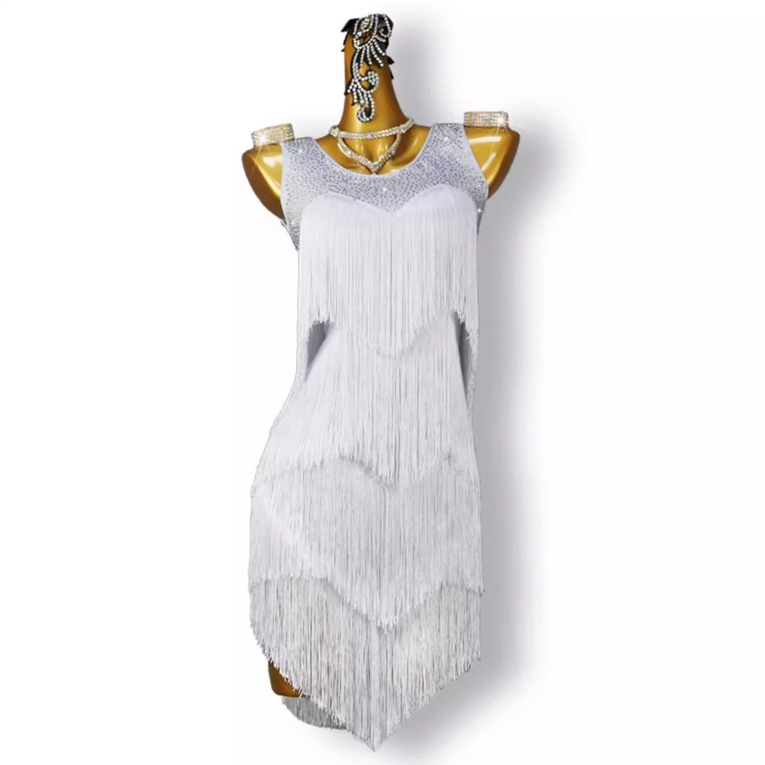 Vestito Da Ballo Latino Donna | Scollo A V, Manica Lunga, Con Nappe E Strass, Per Salsa, Cha Cha, Competizioni