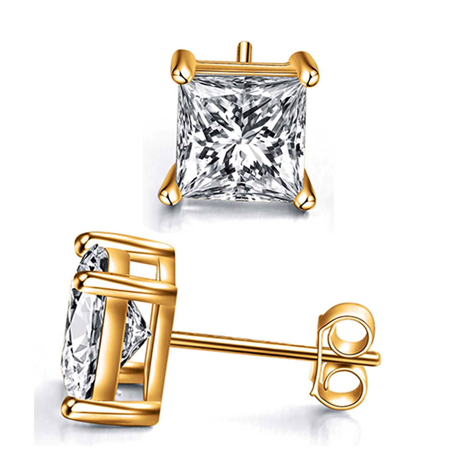 Square Stud Earrings 18k Gold Plated 925 Sterling Silver 4 Prong Square Cubic Zirconia Ear Stud for Women Men Girl
