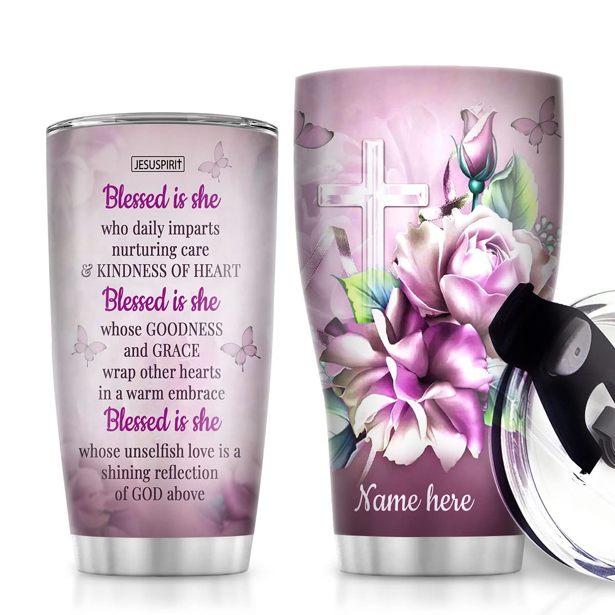 Jesuspirit Personalized Tumblers For Women - 20 Oz 30 Oz Stainless Steel Coffee Tumbler With Lid - Insulated Cup With Name - Blessed Is She - Spiritual Faith Gifts With Bible Verse