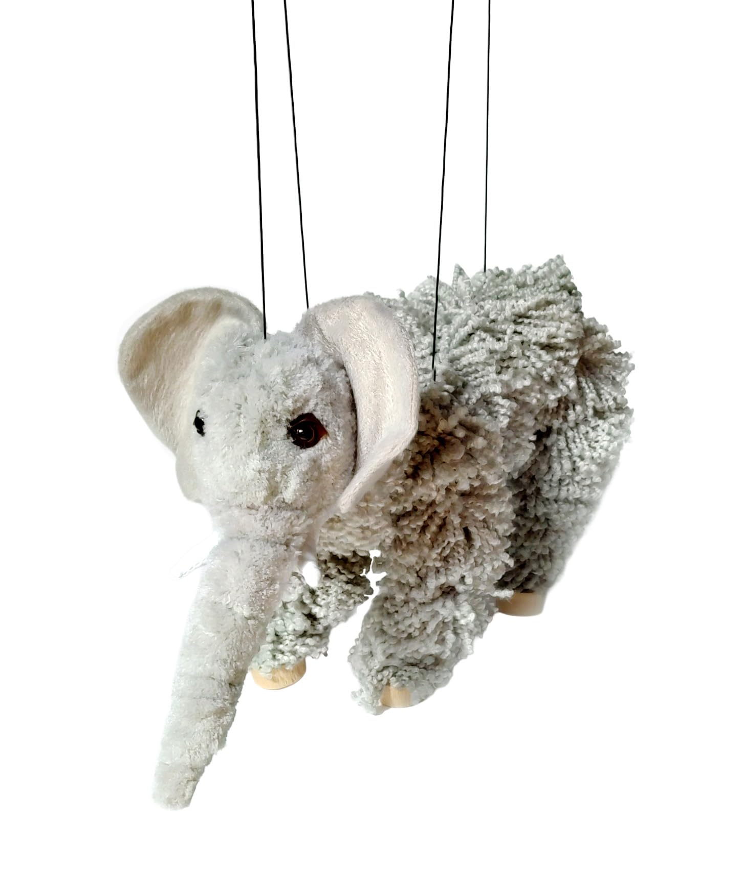 Artisan Owl Elephant Marionette Puppet - Yarn Elephant with Wooden Feet, Detachable Strings
