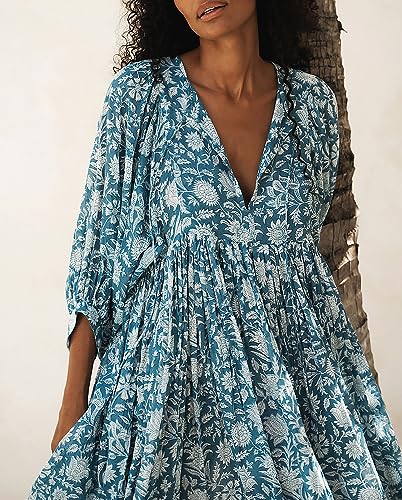 Image of Boho Dresses for Women Floral V Neck Puff SLVS Babydoll Short Beach Dress