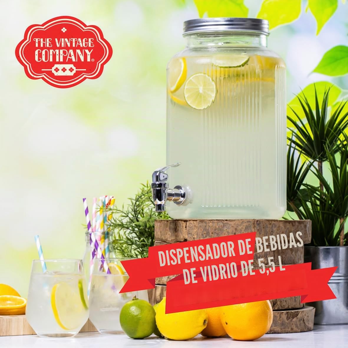 51059 - Dispensador de bebidas con grifo, 5,5 litros, tapa de rosca segura, cuello ancho para botella, diseño retro, perfecto para agua, zumo, cócteles y más