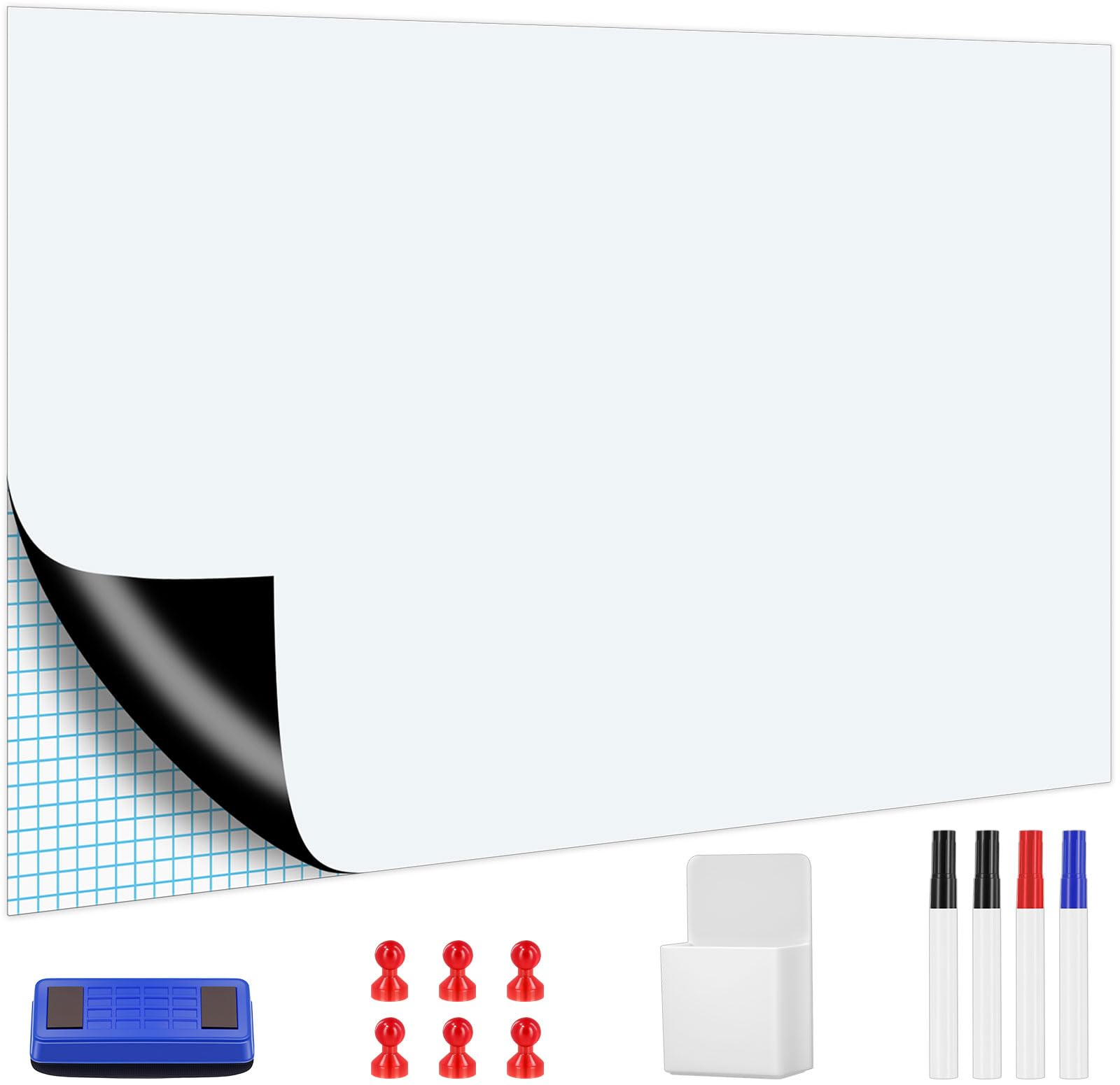 Tableau Blanc Magnétique Autocollant 60x90cm, Tableau Blanc Effacable Magnetique avec 4 Marqueurs + 1 Effaceur++ Aimants+Rack de Stockage Magnétique pour Bureau, École, Maison