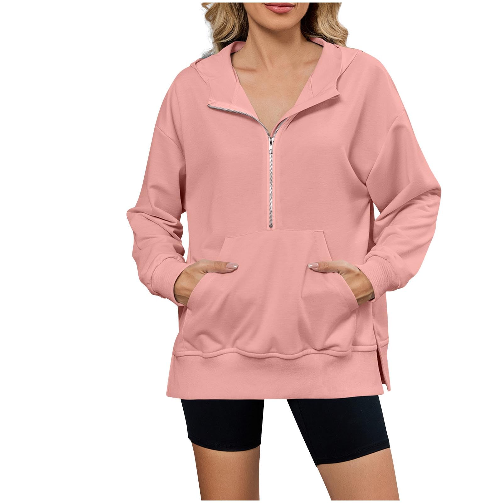 Hoodie Damen Oversize Pullover mit Halbreißverschluss und Taschen Kapuzenpullover Casual Weich Langarmshirt Einfarbig Loose Fit Kapuzenpulli Fashion Bequem Sweatshirt Klassische Oberteil S-XXL