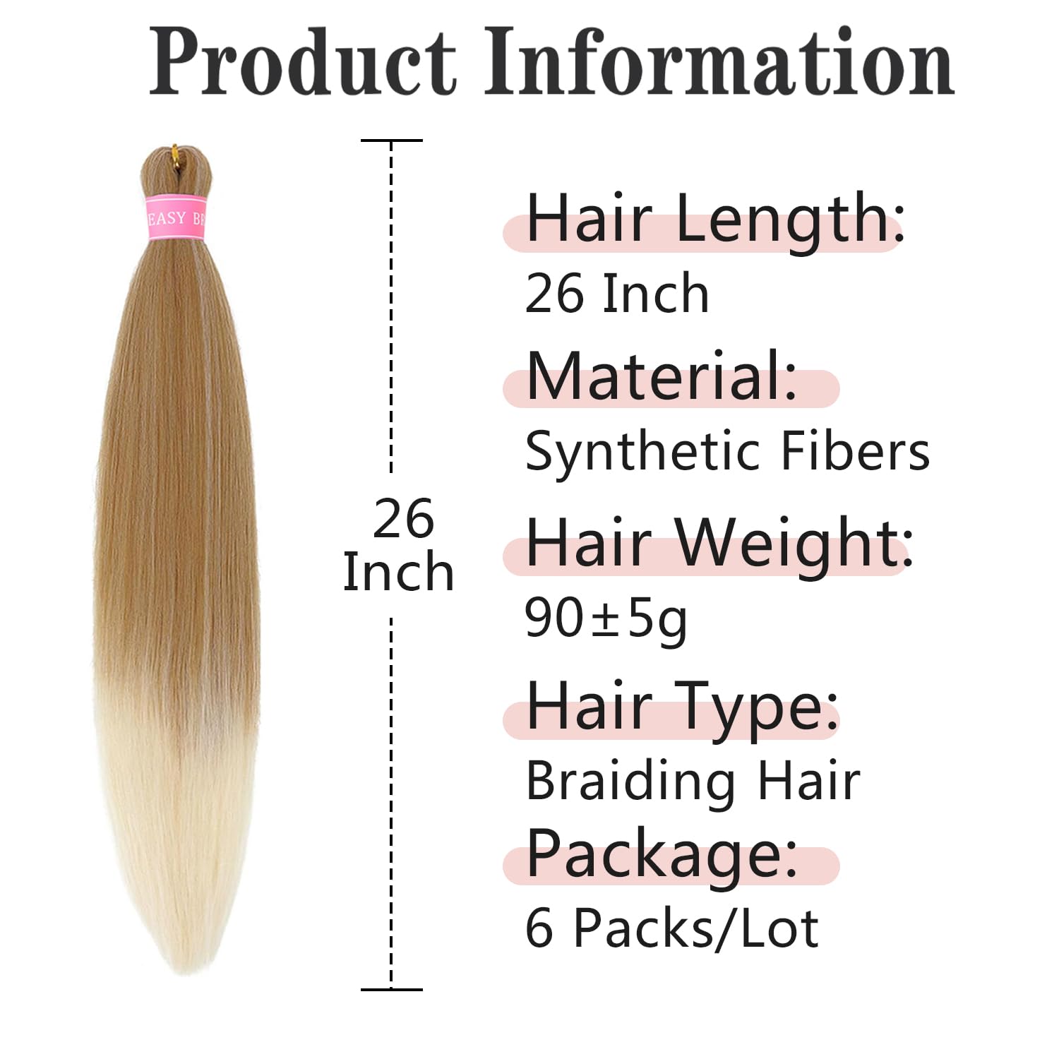 MSBELLE Braiding Hair,26 Inch 6 Pack Ombre Blonde Braiding Hair Pre Stretched Extensions for Women Synthetic Soft Yaki Texture Crochet Braids Hair Extensions(27/613#)