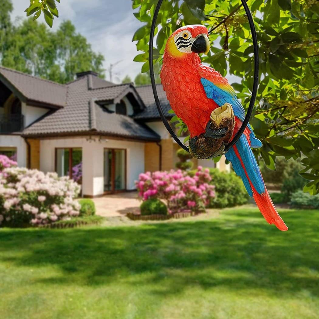 Estatua de pájaros Colgantes Innovador Anillo de Hierro Loro Estatua de jardín de esculturas Adorno Estatua de Resina al Aire Libre Loro Colgante artesanía Creative decoración del hogar