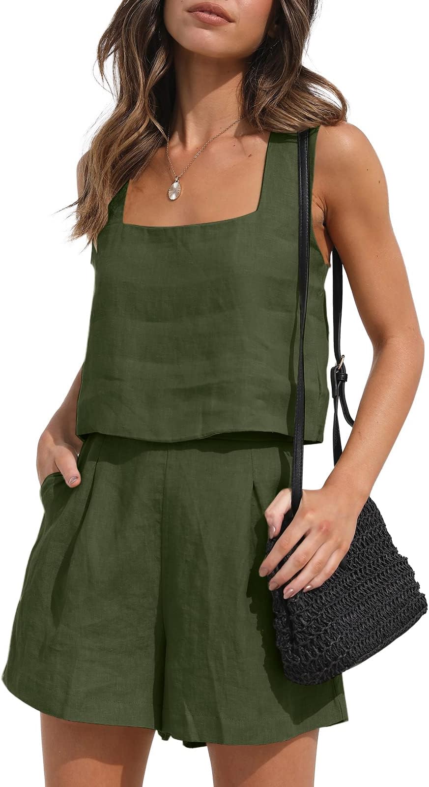 AUTOMET Womens Summer 2 Piece Outfits Vacation Casual Trendy Shorts Matching Sets Sleeveless Casual Linen Outfits 2024 ArmyGreen M