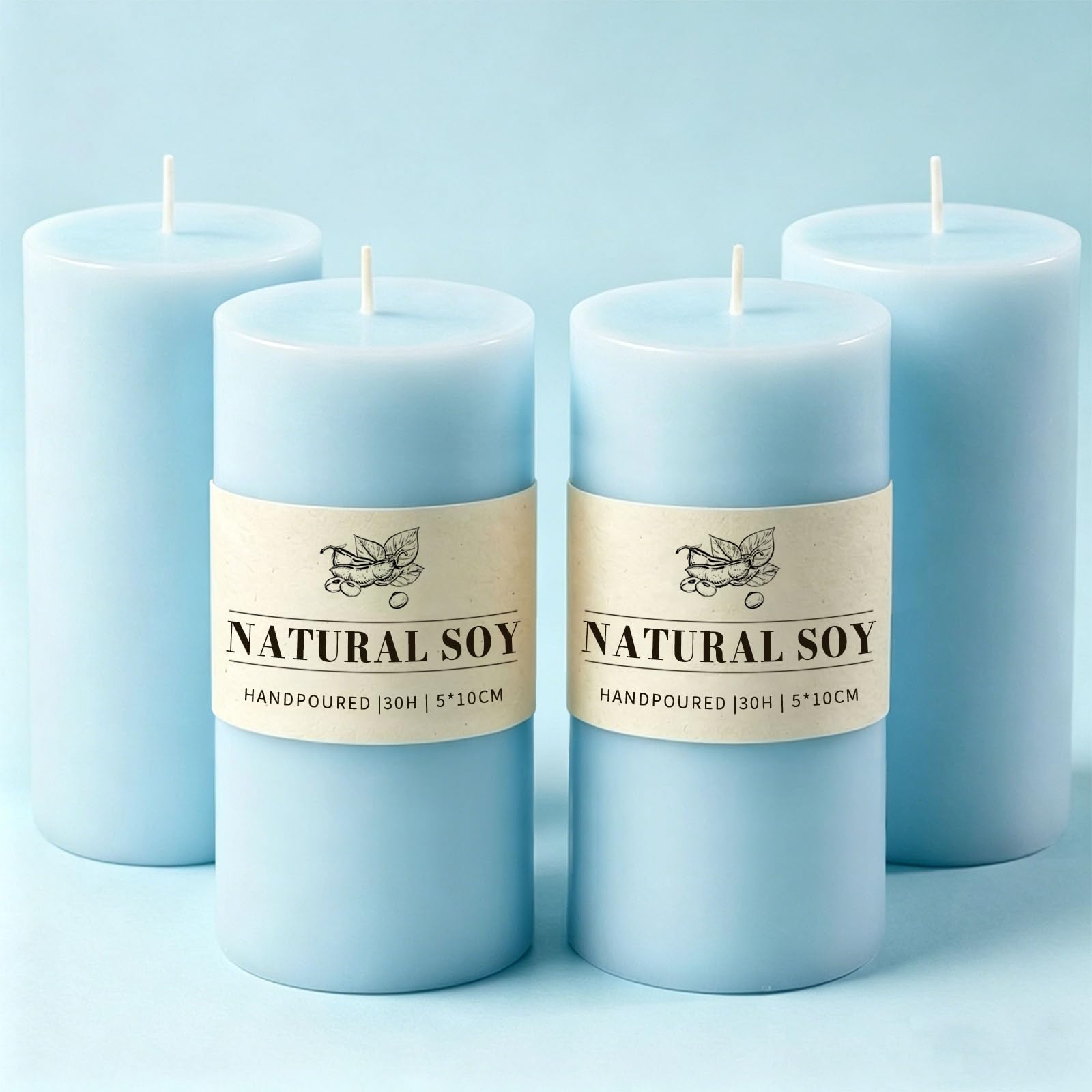 Ugbem 4-Pack Unscented Pillar Candles, 5x10cm Small Blue Soy Wax Candles, Non-Toxic & Smokeless with Cotton Wick, for Home Decor Church Wedding