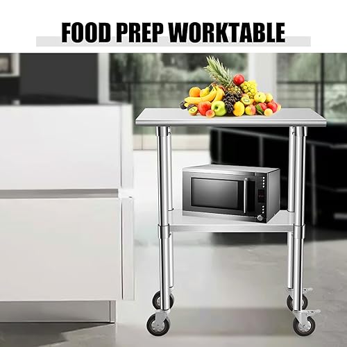 Miniatura 5 de Food Prep Mesa de acero inoxidable de 30 x 18 pulgadas, banco de trabajo resistente con estante inferior ajustable, mesa de trabajo comercial con 4