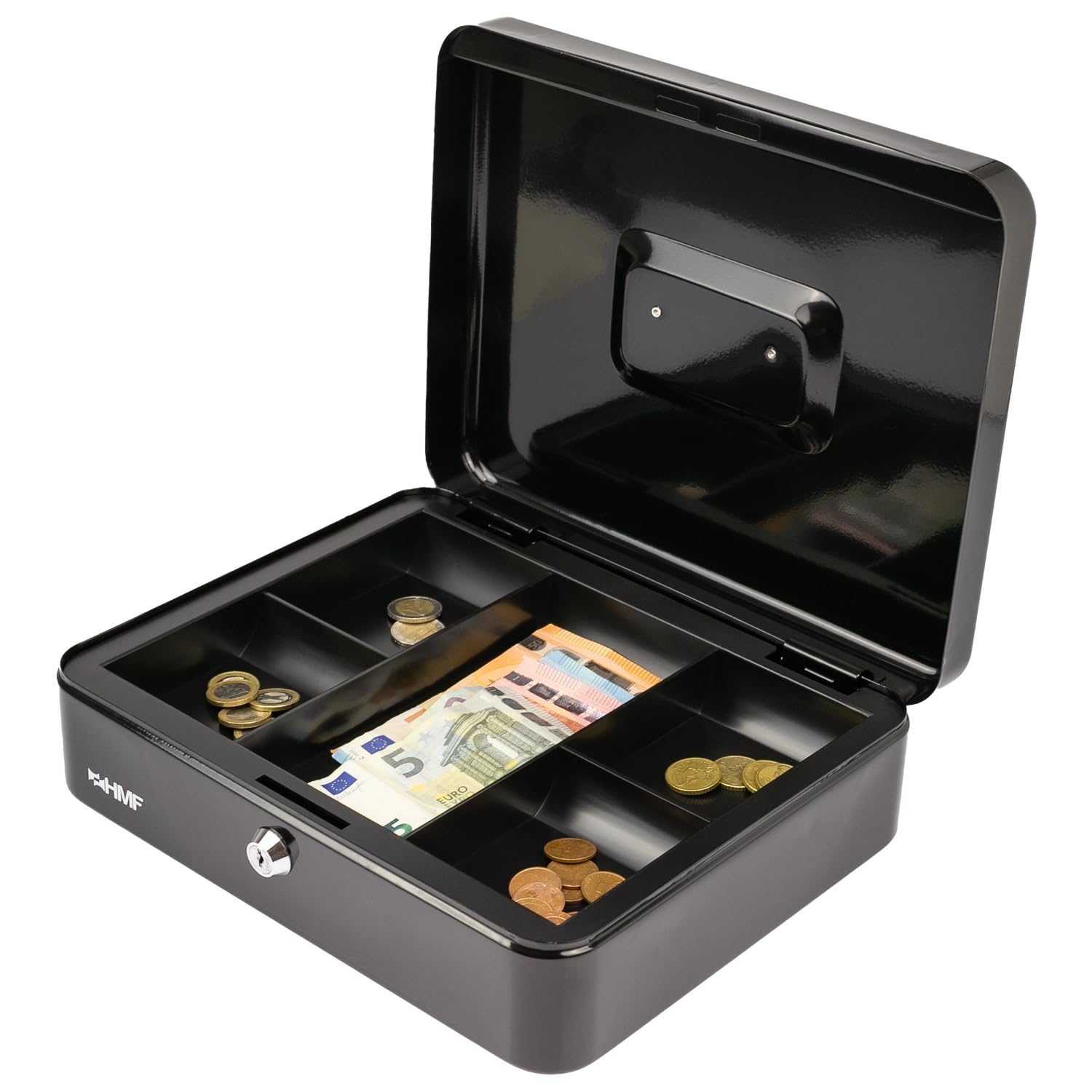 HMF Caisse à monnaie verrouillable, 5 compartiments, 30 x 24 x 9 cm, Noir