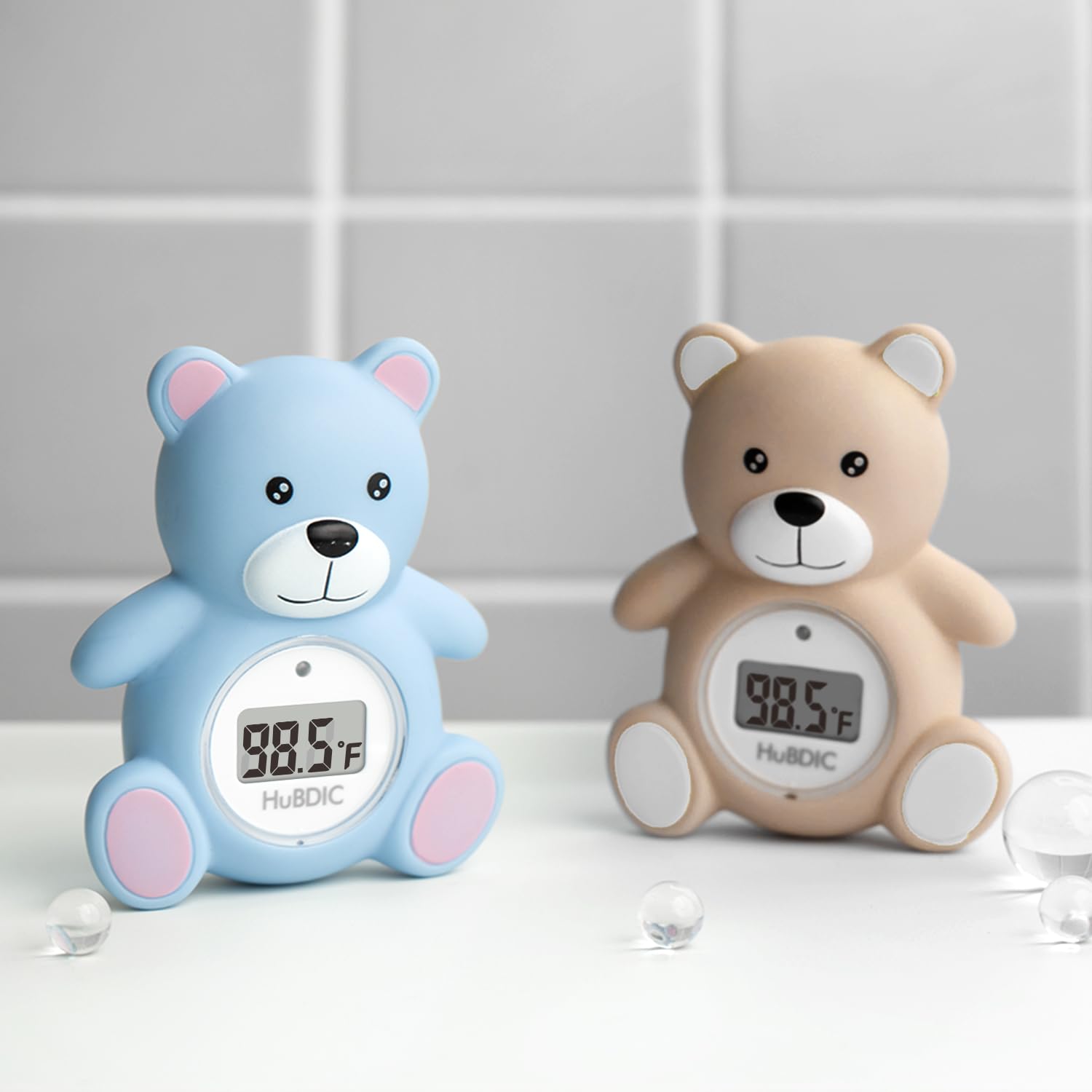 HubiBaby - Termómetro de baño para bebé y temperatura ambiente digital, productos de seguridad 2 en 1 para baño infantil con advertencia de temperatura, oso de peluche flotante (caqui)