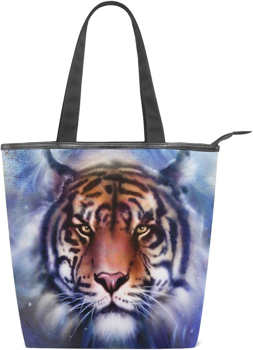 Vawa トートバッグ キャンバス ハンドバッグ かわいい 虎柄 当店は最高な サービスを提供します 星空柄 大容量 レディース 銀河柄 宇宙柄 星柄 帆布 多機能バッグ 2way タイガー柄 ショルダーバッグ