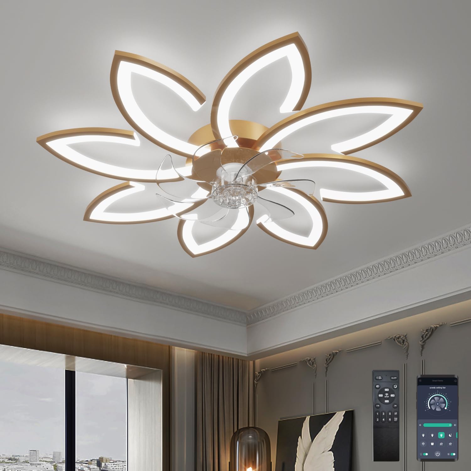 Ceiling Fan with Light and Remote Control, Silent Ceiling Fan Lamp, Flower Modern Design, Adjustable, Memory Function, DC Motor, Summer Winter Reversible, Gold