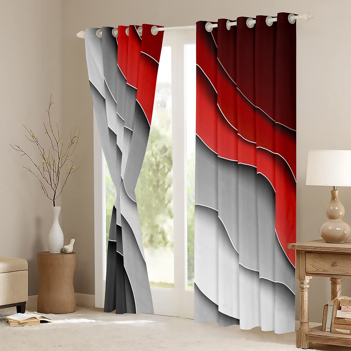 Abstract Ombre Red Gray White Window Curtains for Bedroom Living Room Teens Ocean Waves Striped Curtains Kids Boys Girls Modern Gradient Contemporary Window Drapes Treatments W66*L90 - Image 4