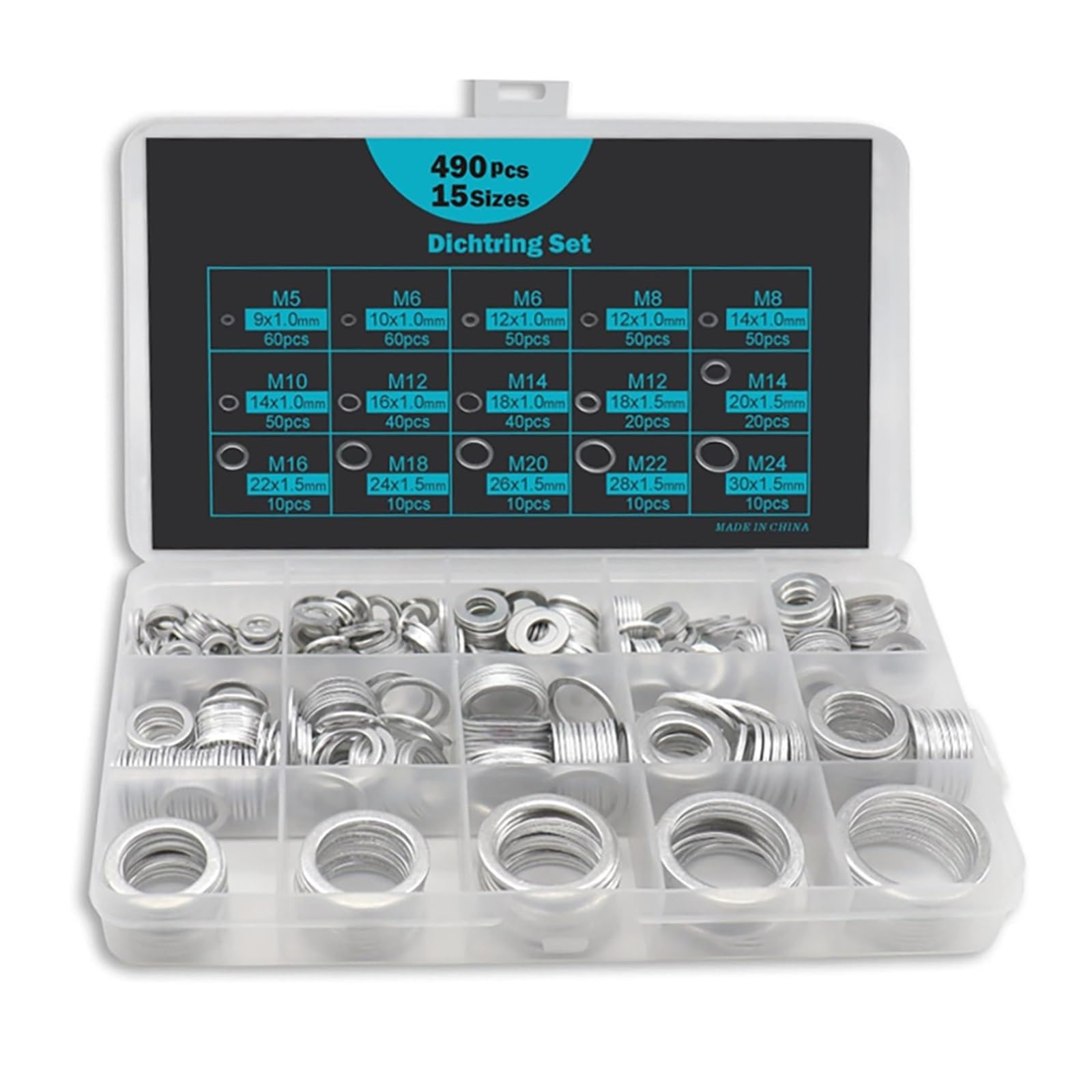 490PCS Automotive Oil Drain Plug Gaskets, Aluminum Flat Gaskets Washers Assorted Gasket Metal Sealing Crush Washer Kit, M5 - M24