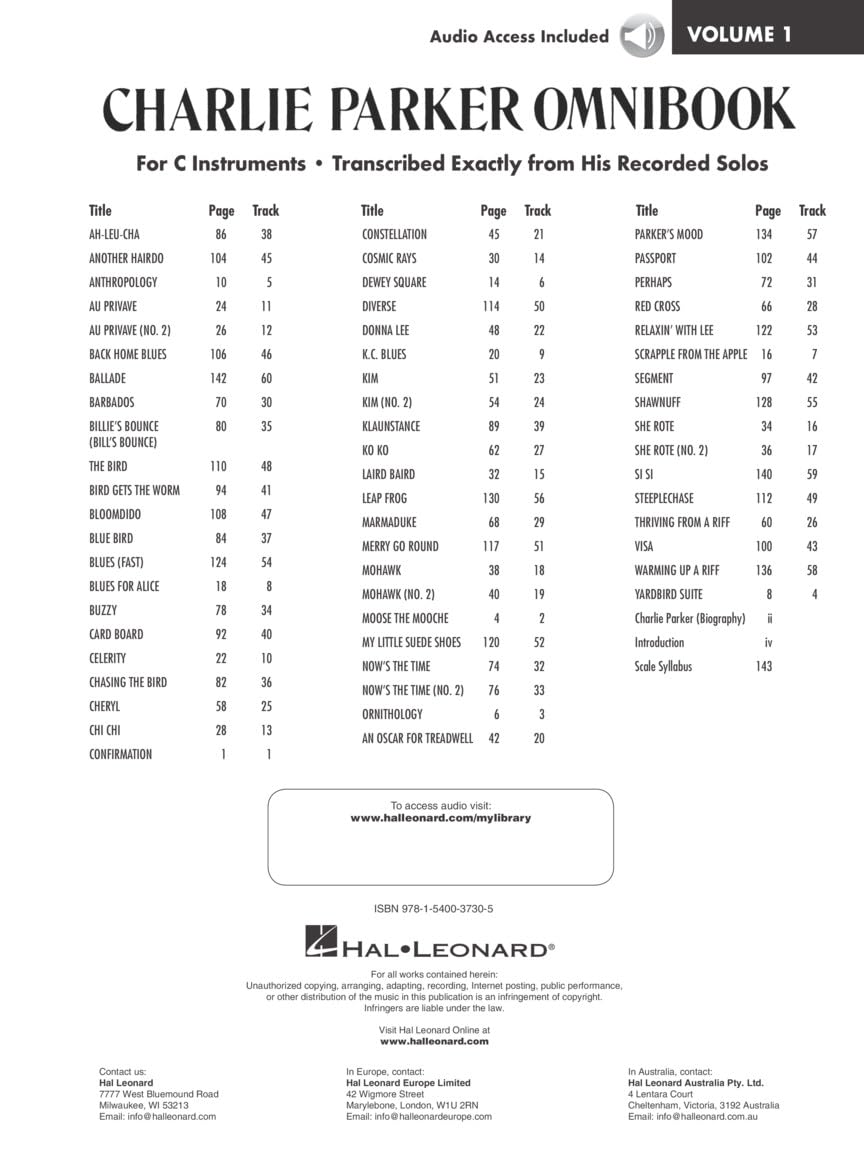Charlie Parker Omnibook: C Instruments Edition, Transcribed Solos with Downloadable Audio