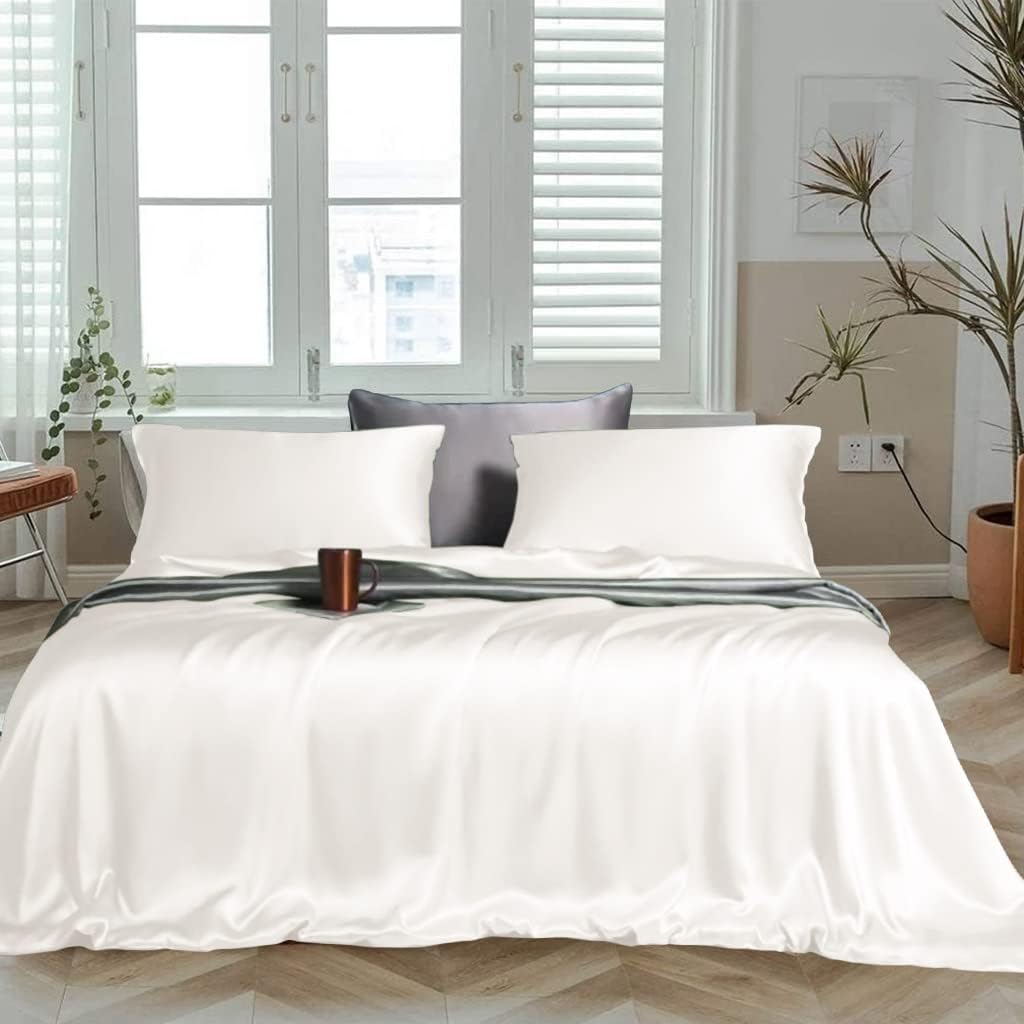 LINENWALAS 100% Cotton Bedsheet for Double Bed Size with 2 Pillow Covers, 400TC Soft Smooth Breathable and Durable Flat Sheets, Hotel Luxury Bed Sheet for Living Room (100x90 inch, White)