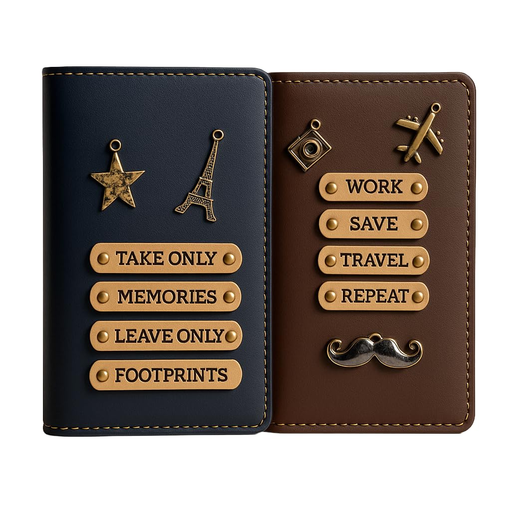Personalized Leather Passport and Document Holder Set, Classic Bifold Design with Gold Charms, Travel Wallet with Card Slots, Black (Blue & Brown)-image-25