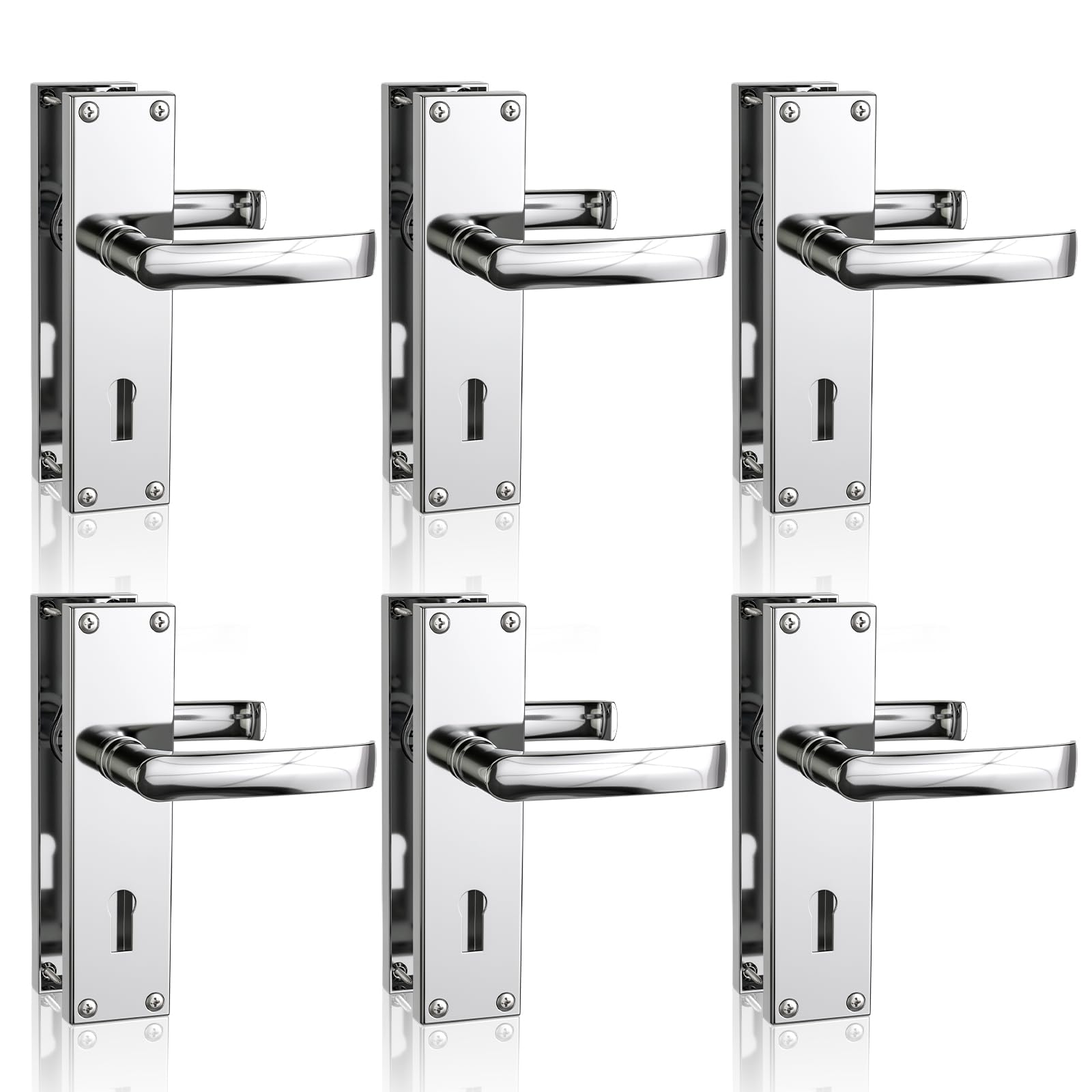 Bwintech 6 Pairs Lever Latch Flat Polished Chrome Door Handles Classic Victorian Straight Design,with Key Hole,Ideal for All Types of Wooden Doors,Internal Doors