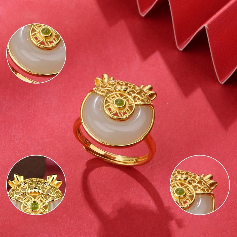 14K Gold over Sterling 925 Sliver Adjustable Natural Hetian Jade Adorable Dragon Ring, Open Design Chinese New Year Auspicious Jewelry, Lucky Charm Gift for Her - Image 3