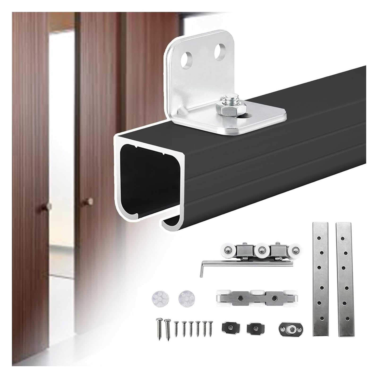 EBZFASO Sliding Door Track, Sliding Door Track Kit Single Rail Wall Mount Barn Hardware(Black,7ft (2.1m))