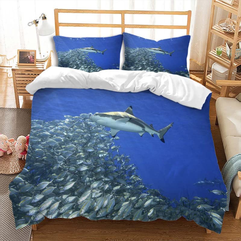 Jingzhang Sea Duvet Cover Sets 2Pcs?Gray Fish School Blue Sea Bedding Sets with Zipper Cute Sea Fish Sea Microfiber Duvet Sets with 1 Pillow Sham,Twin Size