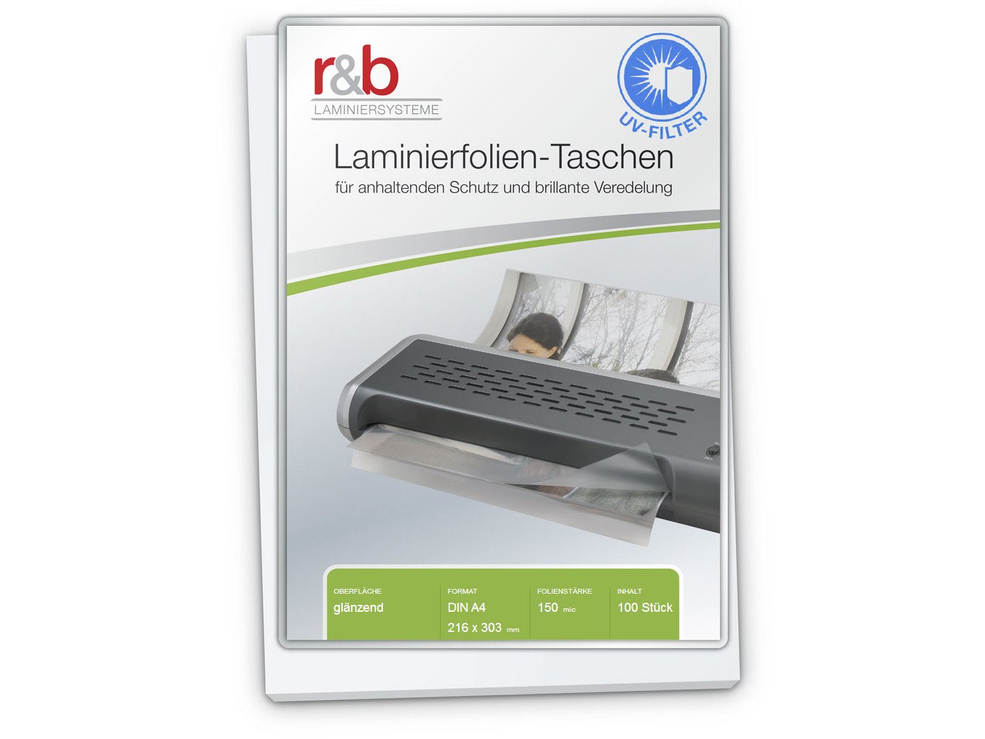 Laminierfolien A4 (216 x 303 mm) 2 x 150 mic glänzend mit UV Filter, 100 Stück