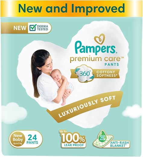 Pampers Premium Care Pants, Newborn, Extra Small size baby diapers (NB,XS), 24 count, Softest ever Pampers