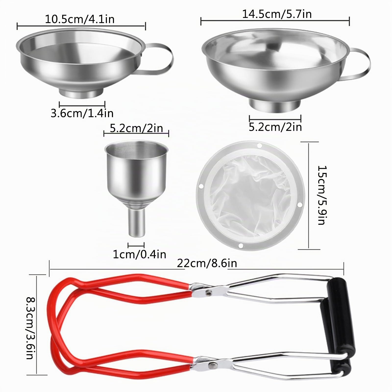 Juego de Embudo de Acero Inoxidable, Embudo Cocina, Embudos para Mermelada, Con Elevador de Tarros y Filtro, Embudo para Rellenar Líquidos, Aceites, Vino y Salsas
