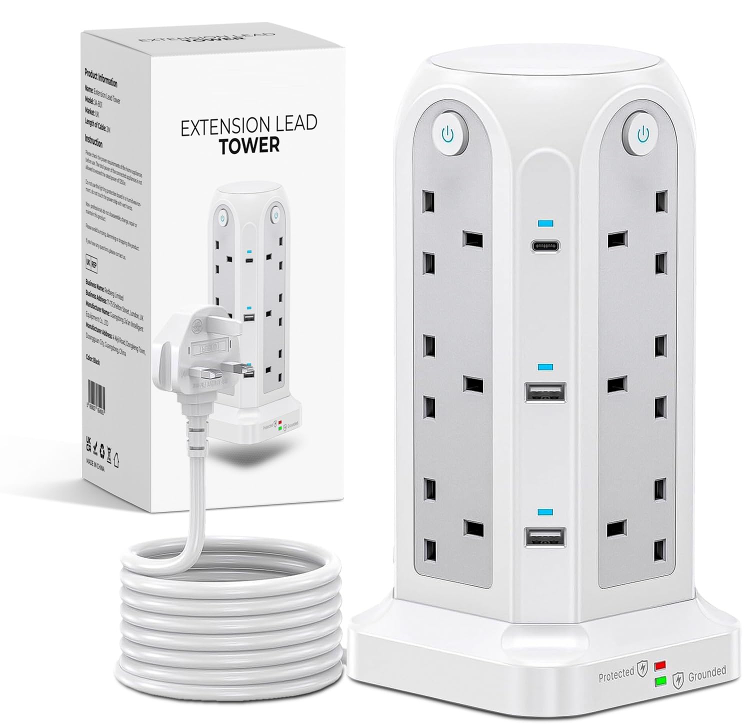 Wolf Power Tower Extension Lead with USB Slots, 18-IN-1 Surge Protected Lead with 2M Extension Cable, 12 UK Plug Sockets, 2 USB-C & 4 USB-A Ports, 4 Switches, Ideal for Home, Office & Workshop