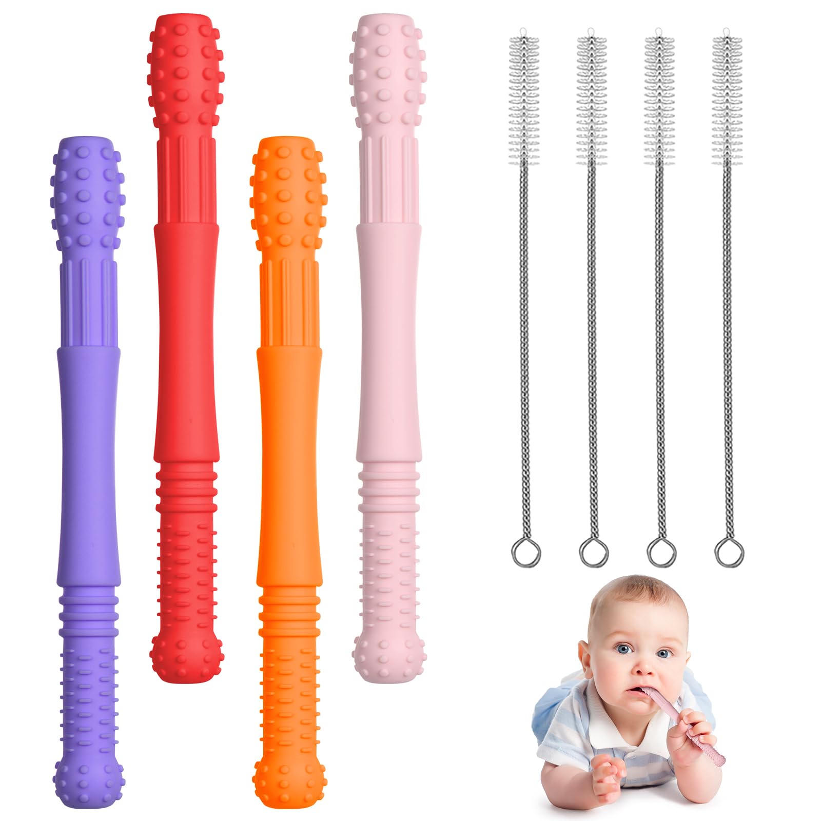 Vicloon Beißring Baby, 8-Teiliges Set Beißröhrchen Silikon, 4 Stück Zahnungshilfe +4 Stück Reinigungsbürste für Baby 6-12 Monate Sensorisches Kauen Molar Spielzeug (Rosa/Lila/Orange/Rot)