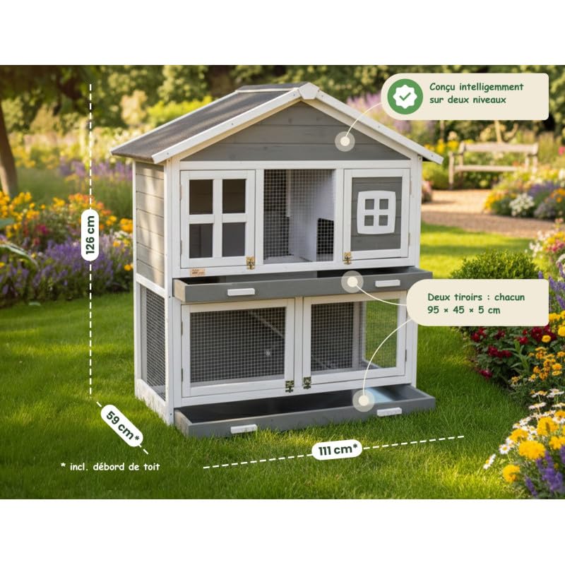 Cage Clapier Enclos pour Lapins Extérieur et intérieur en Bois 115 x 60 x 118 cm. Modele Murmel