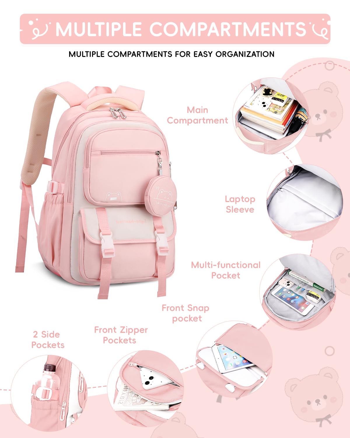 Tanou Zaino Scuola Trolley Sganciabile per Scuola Elementare e Media, 30L | Zaino Rotelle Bambina Casual, Zaino da Viaggio con Ruote per Ragazza Adolescente, Rosa
