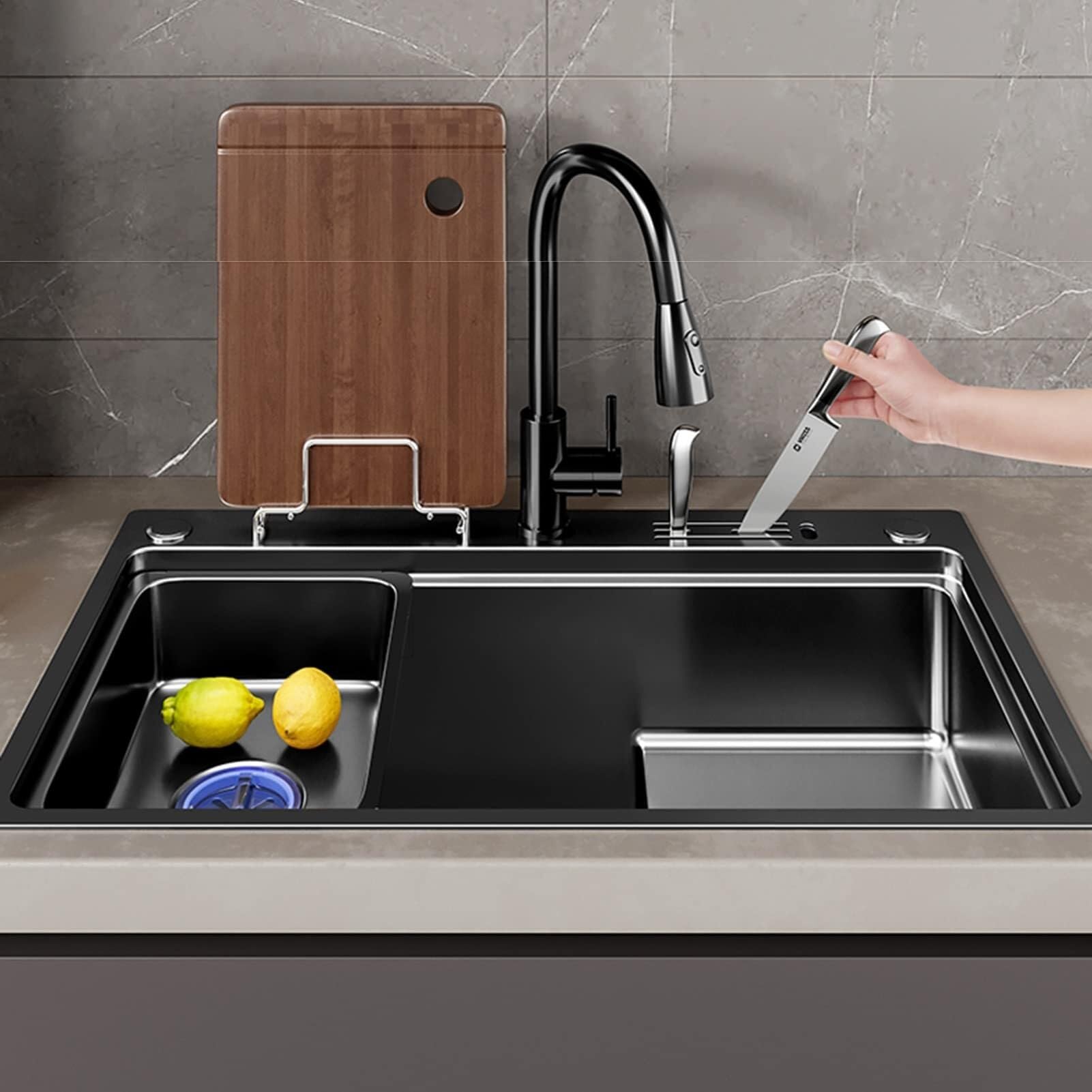 SDdPulse Lavello da cucina in acciaio inox per cortile ufficio – Drop-in o sottotop lavello con stazione di lavoro a vasca singola con rubinetto a cascata, nero, 72 x 45 cm