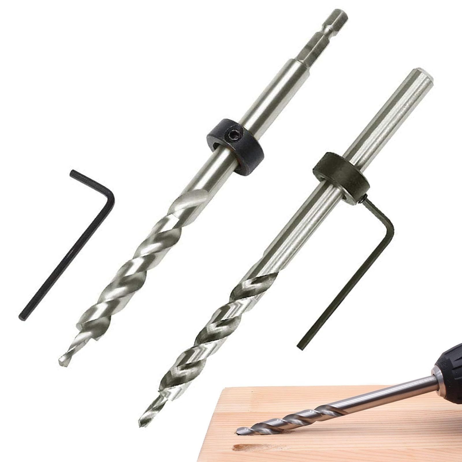 2 PCS Pocket Hole Drill Bit Set, Hex Shank and Round Shank, Drill Depth Stop Spiral Design Grid Guide Drills Tool Kit for Manual Pocket Hole Fixture System(9.5mm)