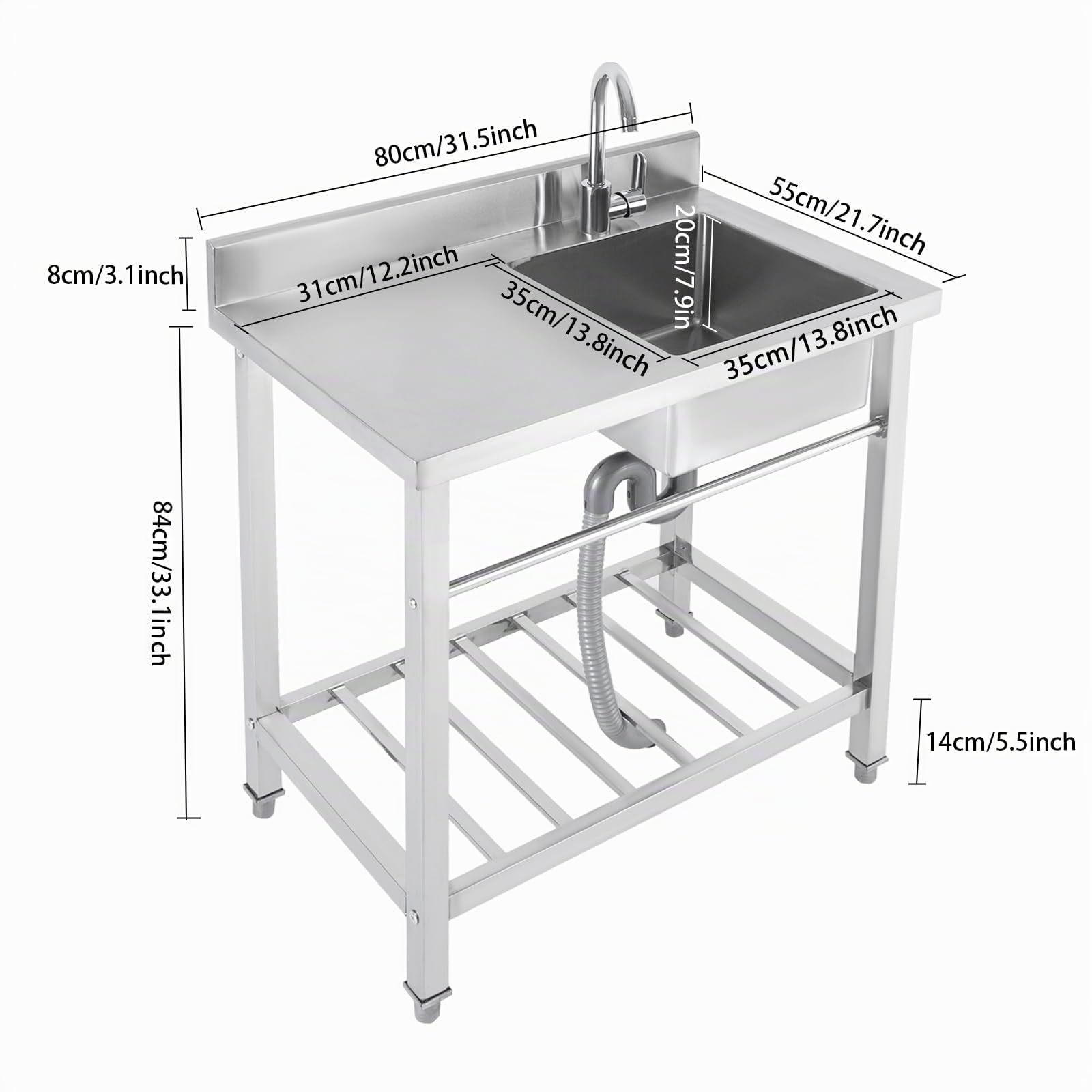 Spüle mit Unterschrank, Freistehend Edelstahl Waschbecken 80x55x84cm, Freistehendes Einzelbecken mit Arbeitsplatte, Gewerbliche Spültisch, Handelsrestaurant Küchenspüle