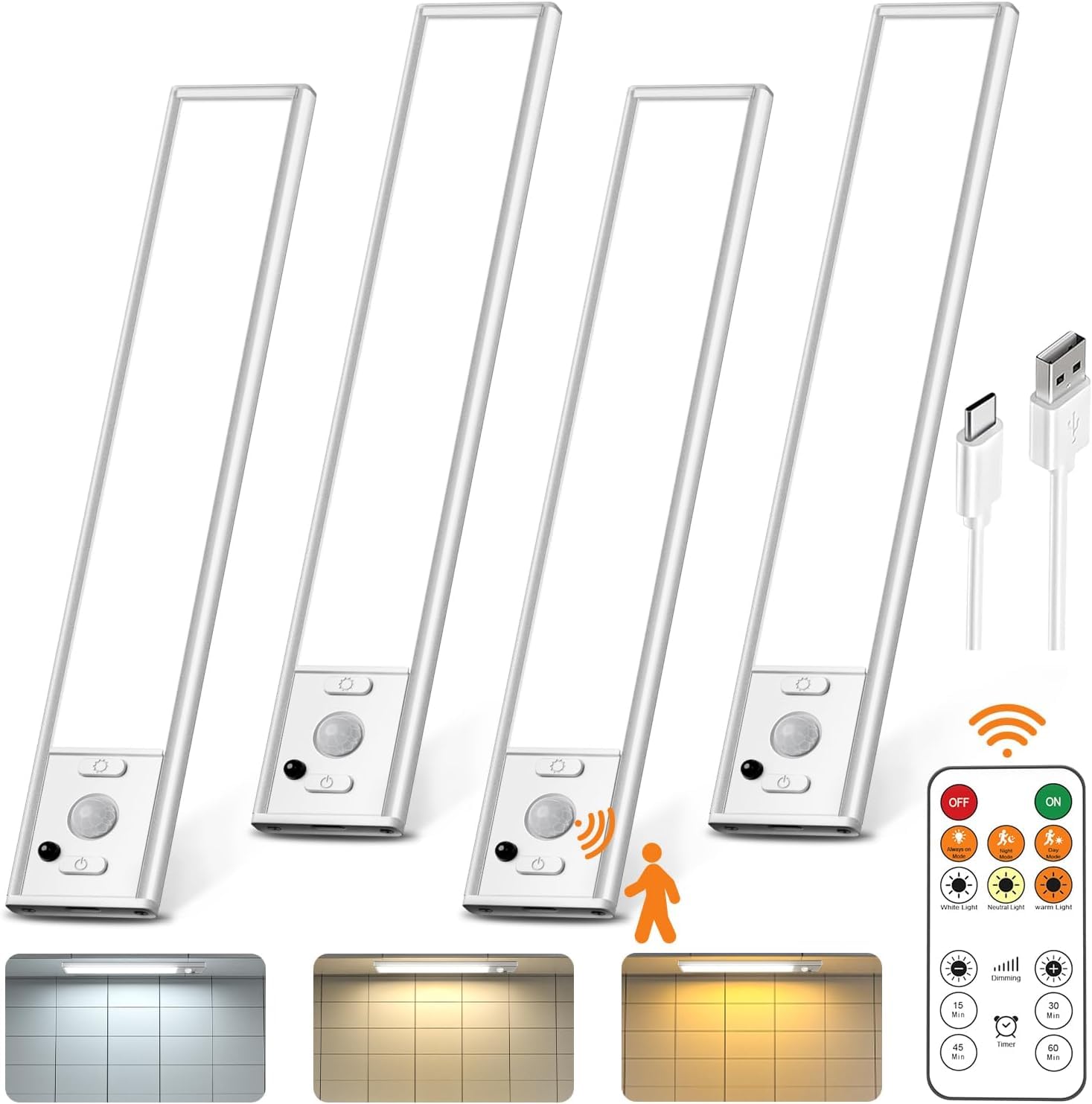 Luces inalámbricas para debajo del gabinete, luz con sensor de movimiento, luces de armario interiores con control remoto, 3 temperaturas de color, funciona con pilas recargables LED, luces debajo del
