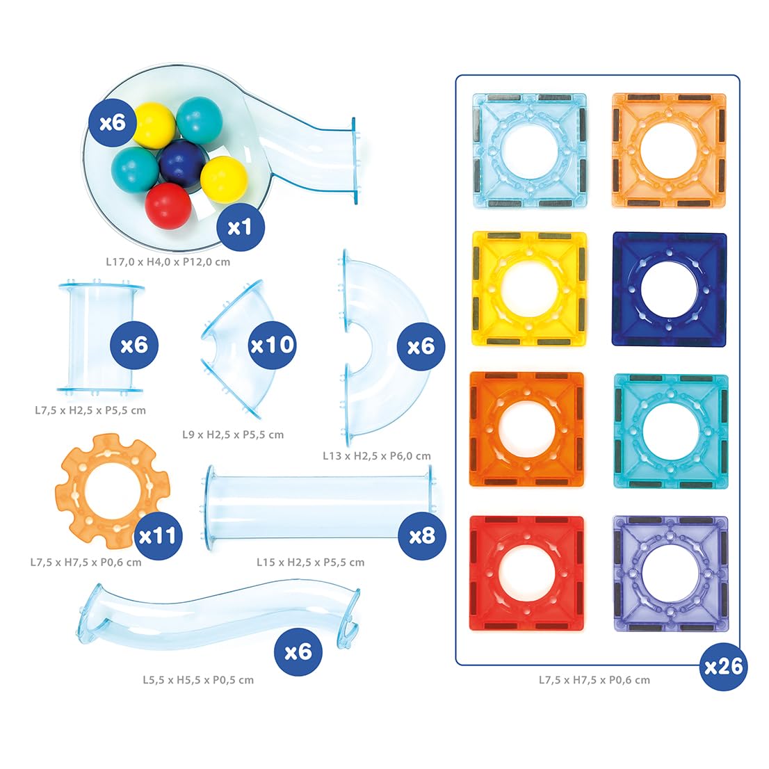 LUDI – Circuit Magnétique – Circuit à Billes avec 26 plaques aimantées, 48 éléments de Parcours et 6 Billes – Construction 2D et 3D – Dès 3 Ans